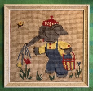 Vintage broderi i ramme elefant vander have